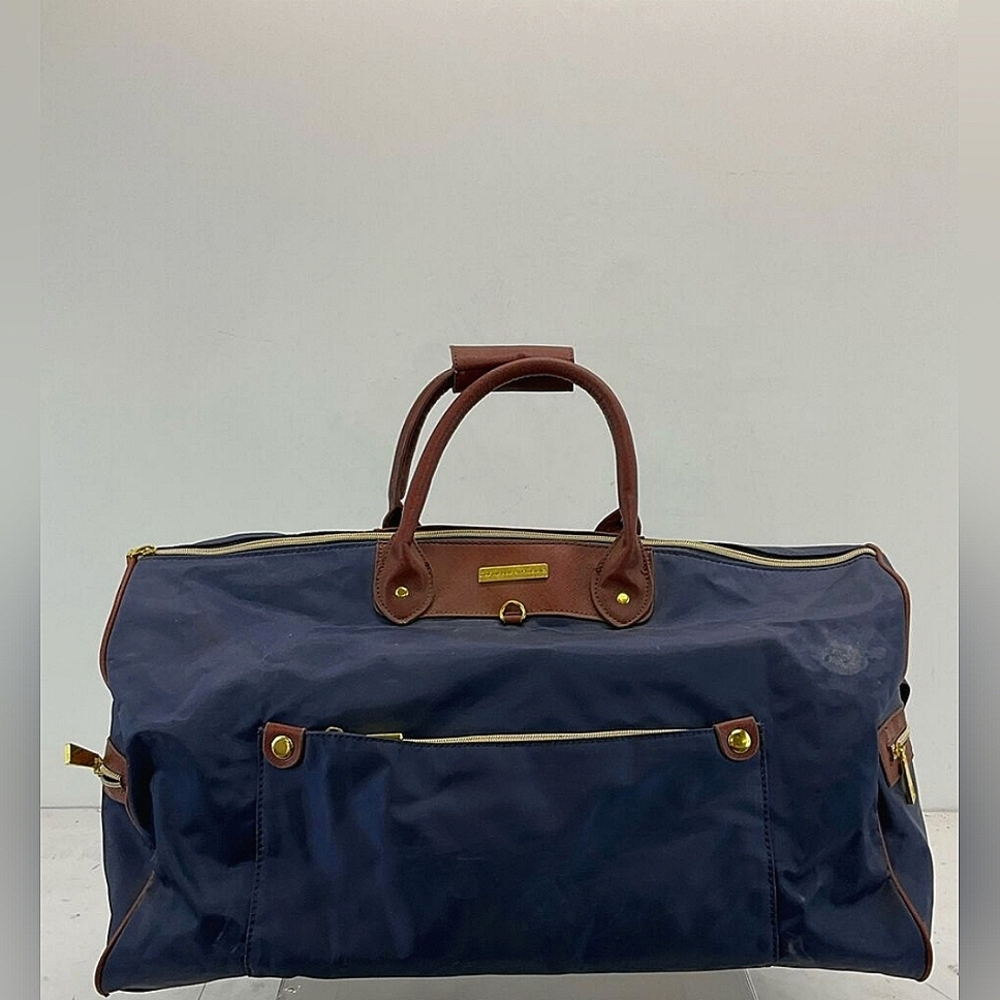 Adrienne Vittadini Designer Navy Blue Brown Fabric Travel Duffle Bag Weekender